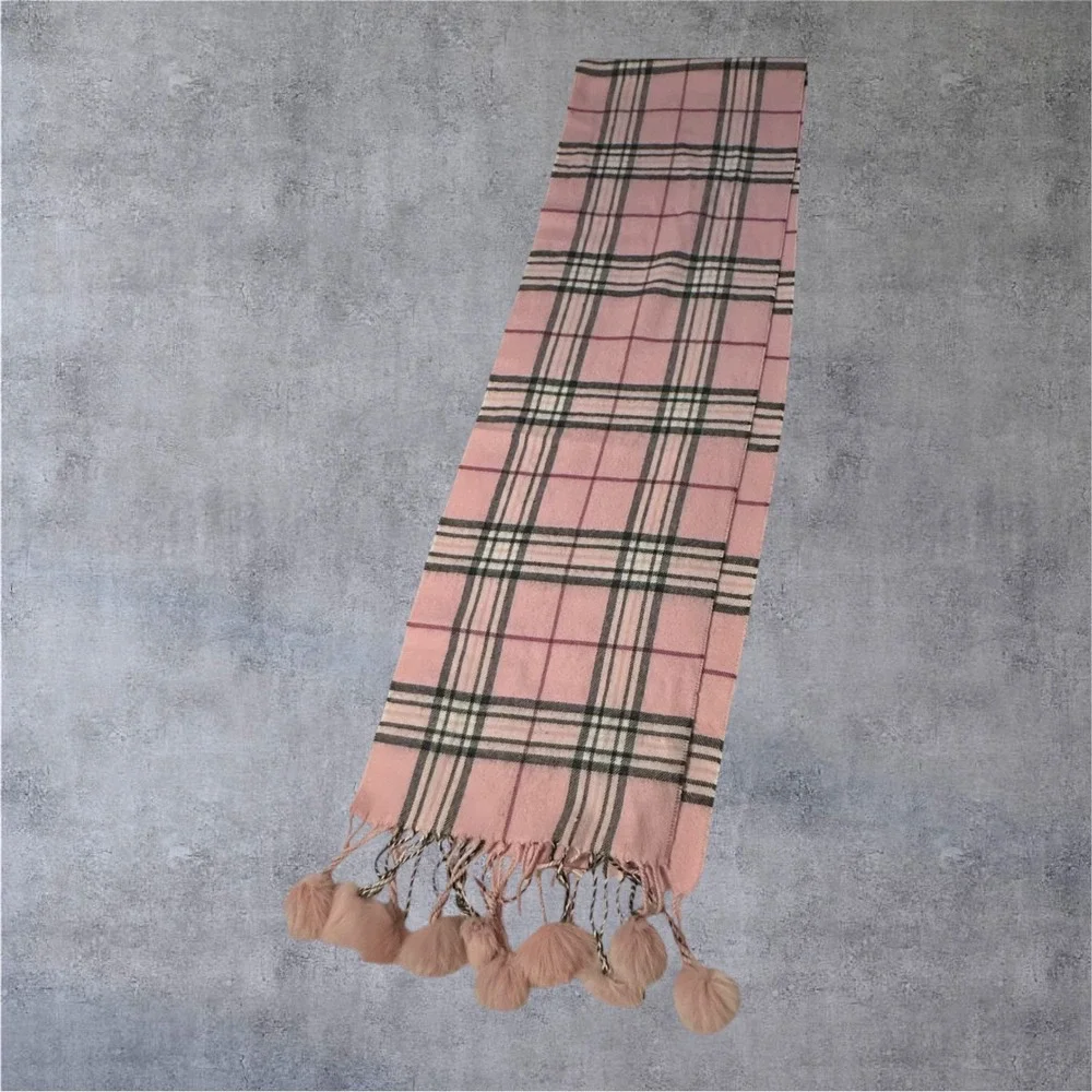 Preston‎ & York Plaid Scarf Womens 64x10 Pink Rabbit Fur Pom Pom Fringe